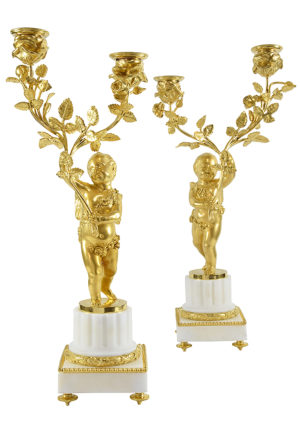 Paire de chandeliers en marbre de carrare et bronze doré XIXème