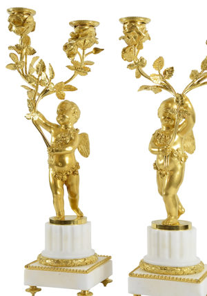 Paire de chandeliers en marbre de carrare et bronze doré XIXème - Image 4