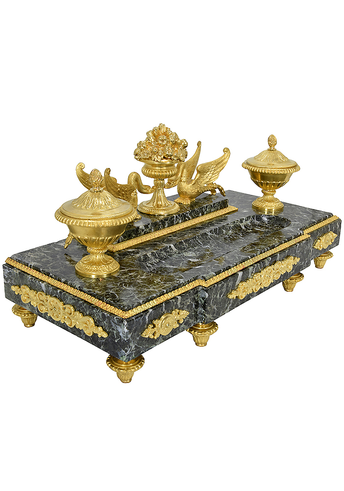 Encrier de style Empire bronze doré et marbre
