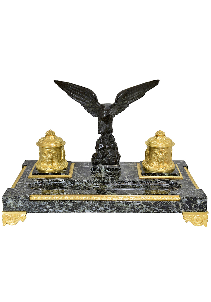 XL Encrier de style Empire bronze doré et marbre "Aigle"