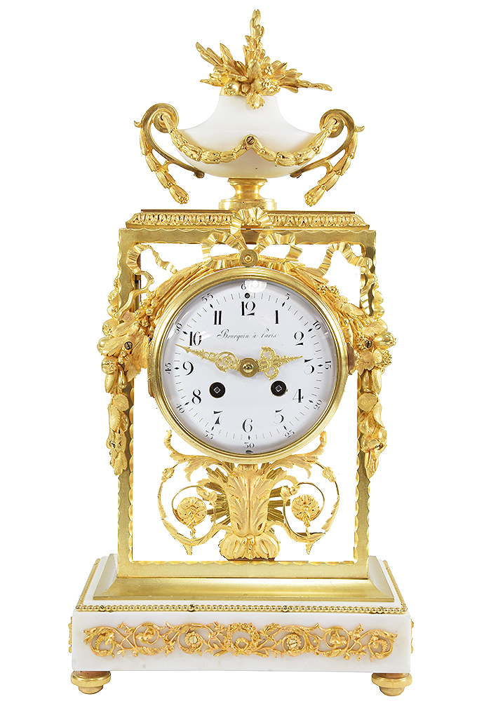 Pendule cage en bronze et verre signé "BOURQUIN PARIS" Louis XVI