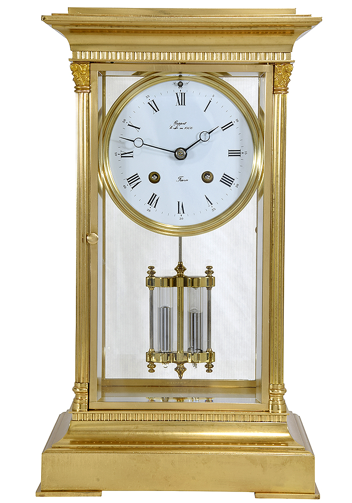 Pendule cage vitrée en bronze doré estampillé "L'Epée France"