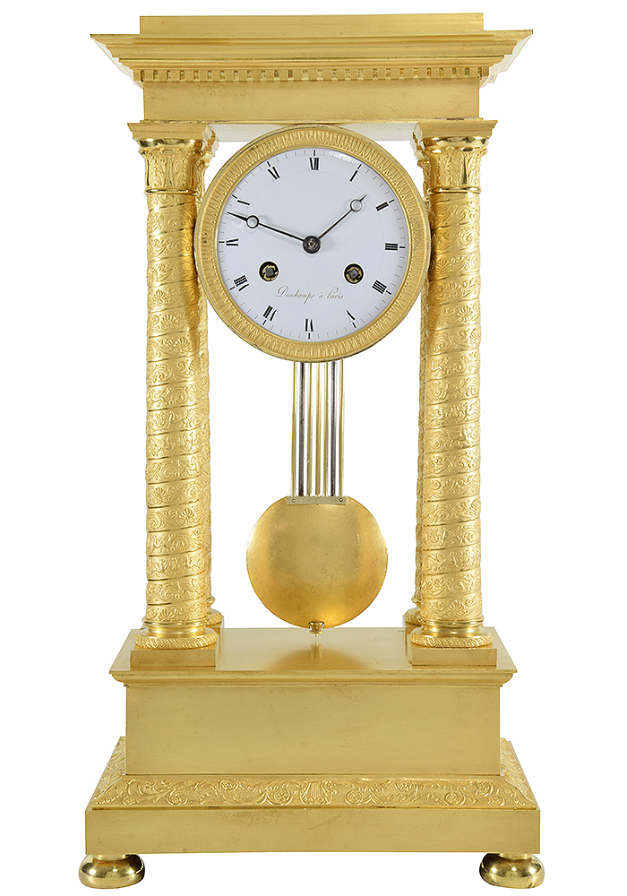 Pendule portique colonnes spirale "DESCHAMPS à Paris" Empire
