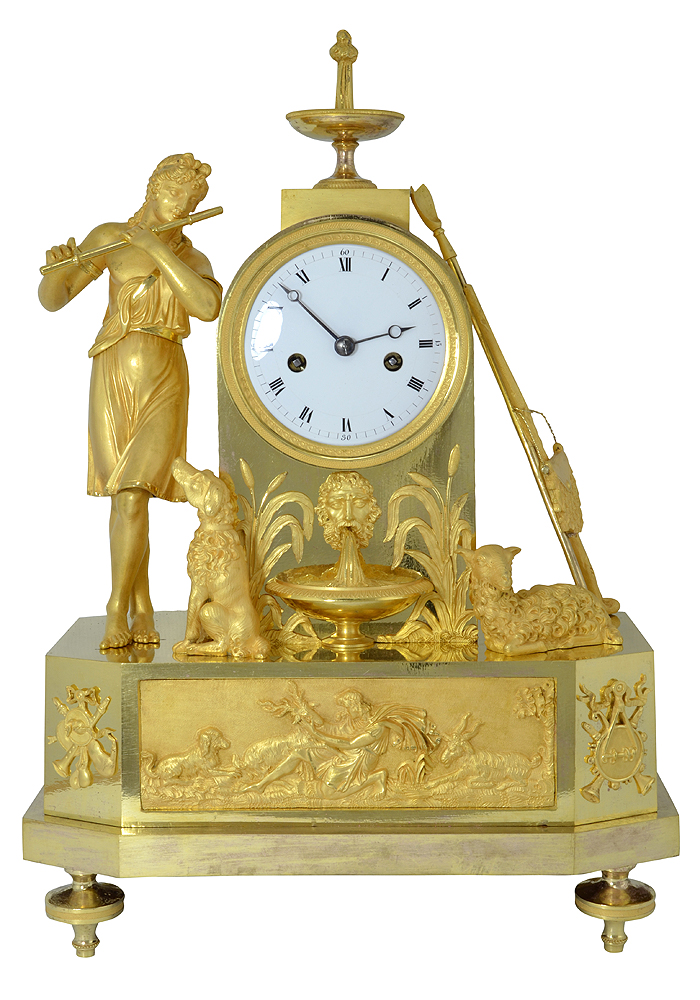 Pendule au berger d'époque Empire, bronze doré au mercure