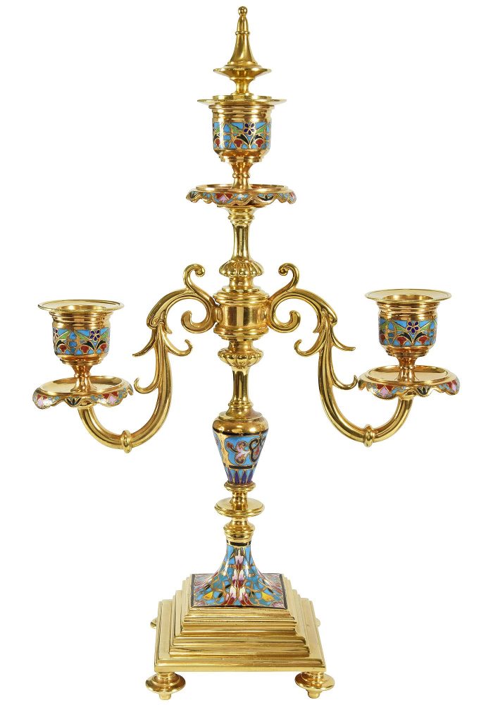Paire de chandeliers en bronze doré et bronze cloisonné – Image 5