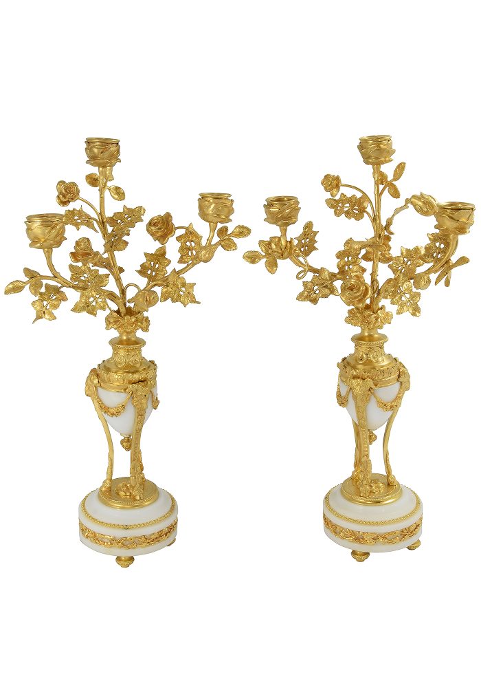 Paire de chandeliers en bouquet de fleurs style Louis XVI marbre et bronze – Bild 4