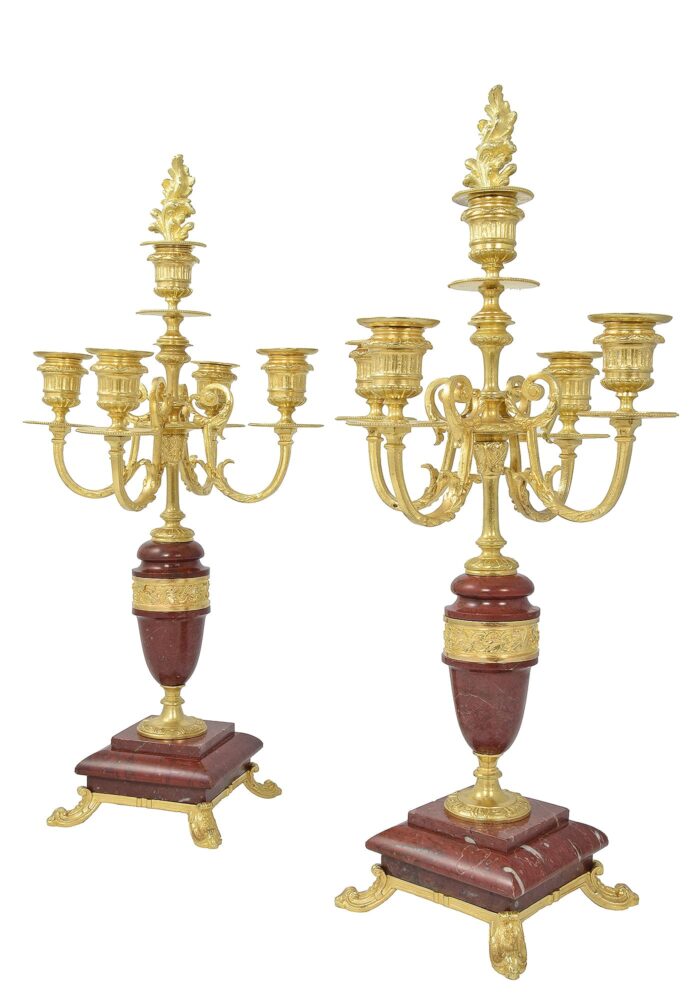 Chandeliers bronze doré et marbre rouge  XIXème