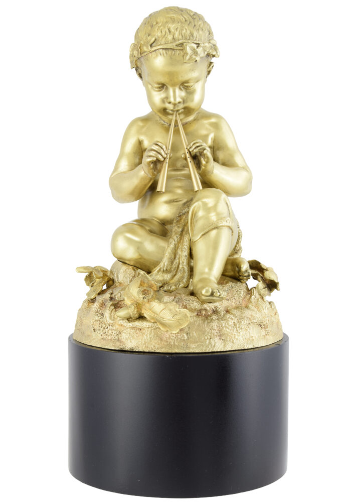 Sculpture en bronze sur marbre "Enfant musicien" XIXème