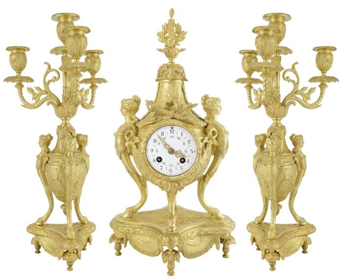 Pendule et chandeliers "cariatide" Horloger: Mougin – Image 3