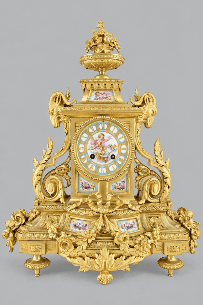 Pendule aux têtes de bélier et porcelaine de Paris